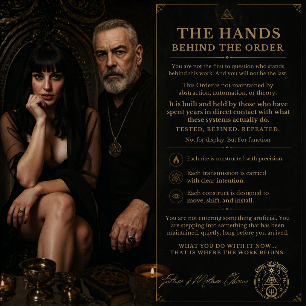 Father Obscura and Mother Obscura representing The Order of Obscura, personally conducted demon attunements, occult rituals, demon pacts and immersive ritual services.