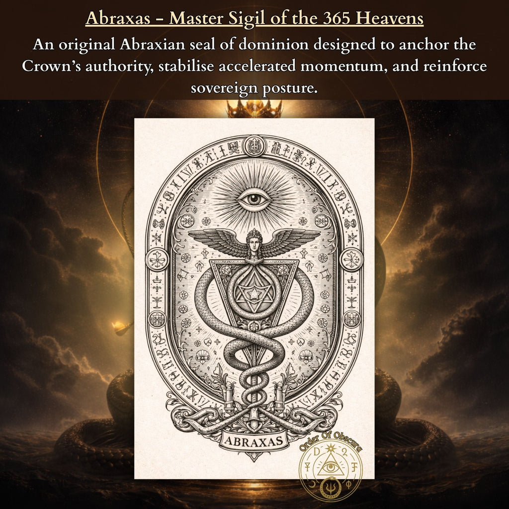 Abraxas sigil for Demon Ritual, spirit merging, Distance Attunement, systemic authority, Crown current work, and deeper Abraxas demon alignment.