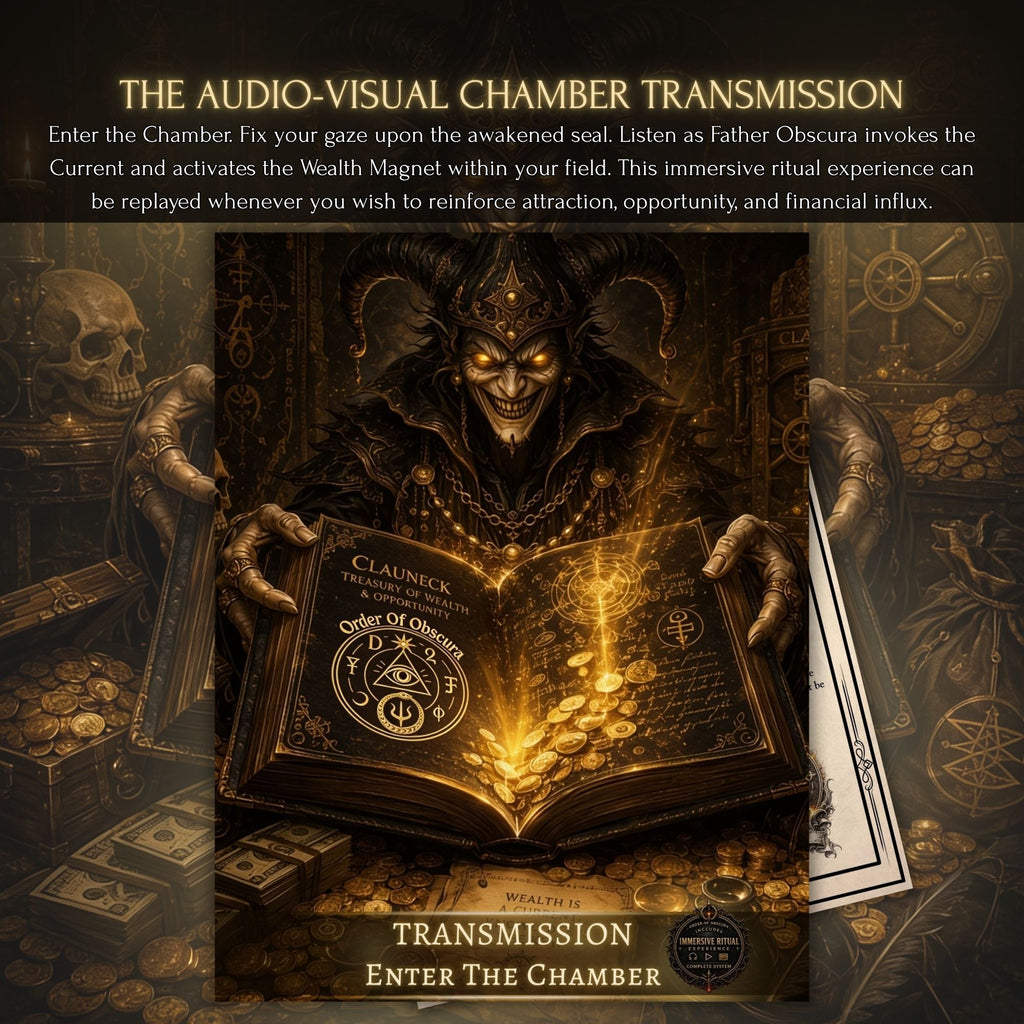 Dark occult chamber artwork for the Clauneck Wealth money Magnet Rite and immersive demon ritual experience.