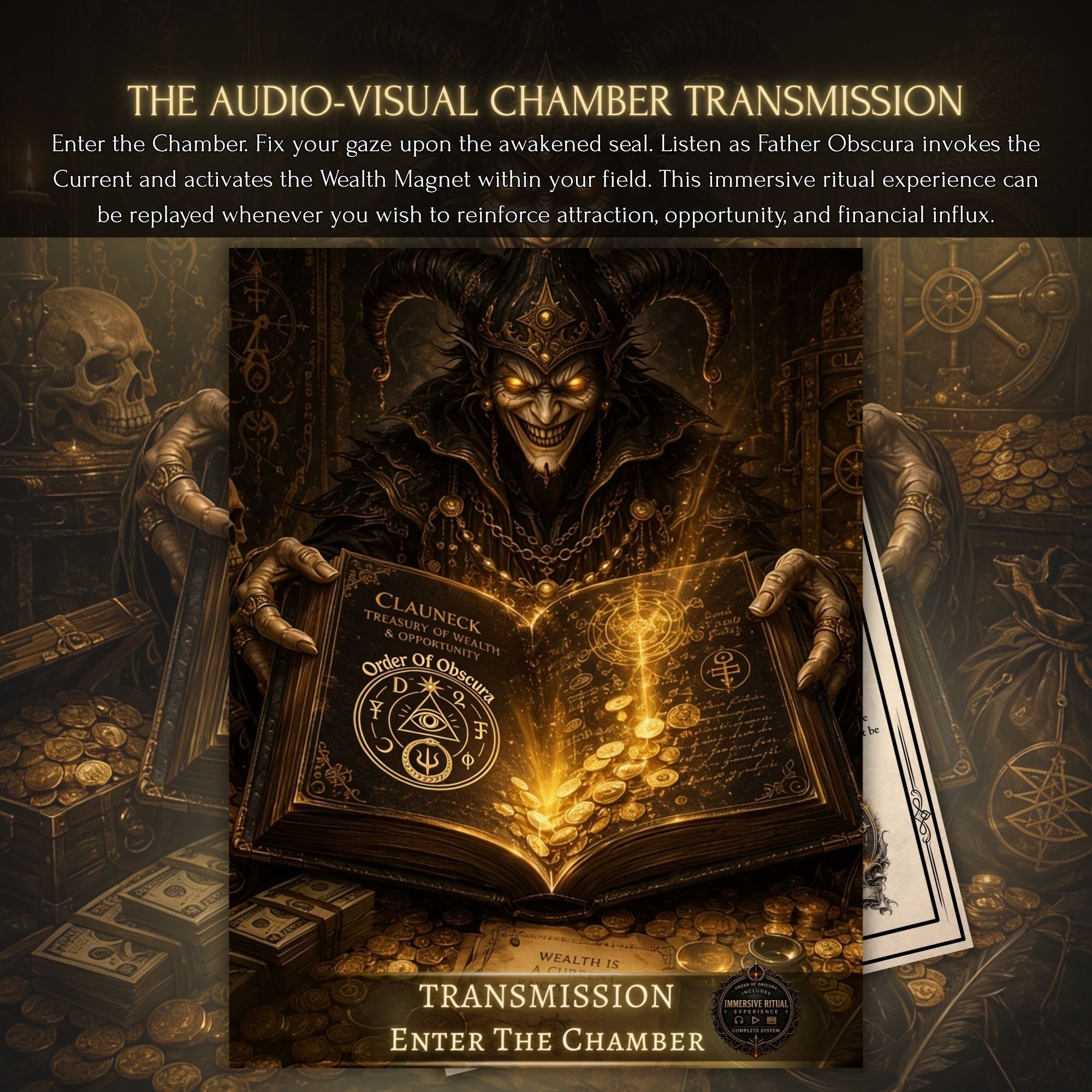 Dark occult chamber artwork for the Clauneck Wealth money Magnet Rite and immersive demon ritual experience.