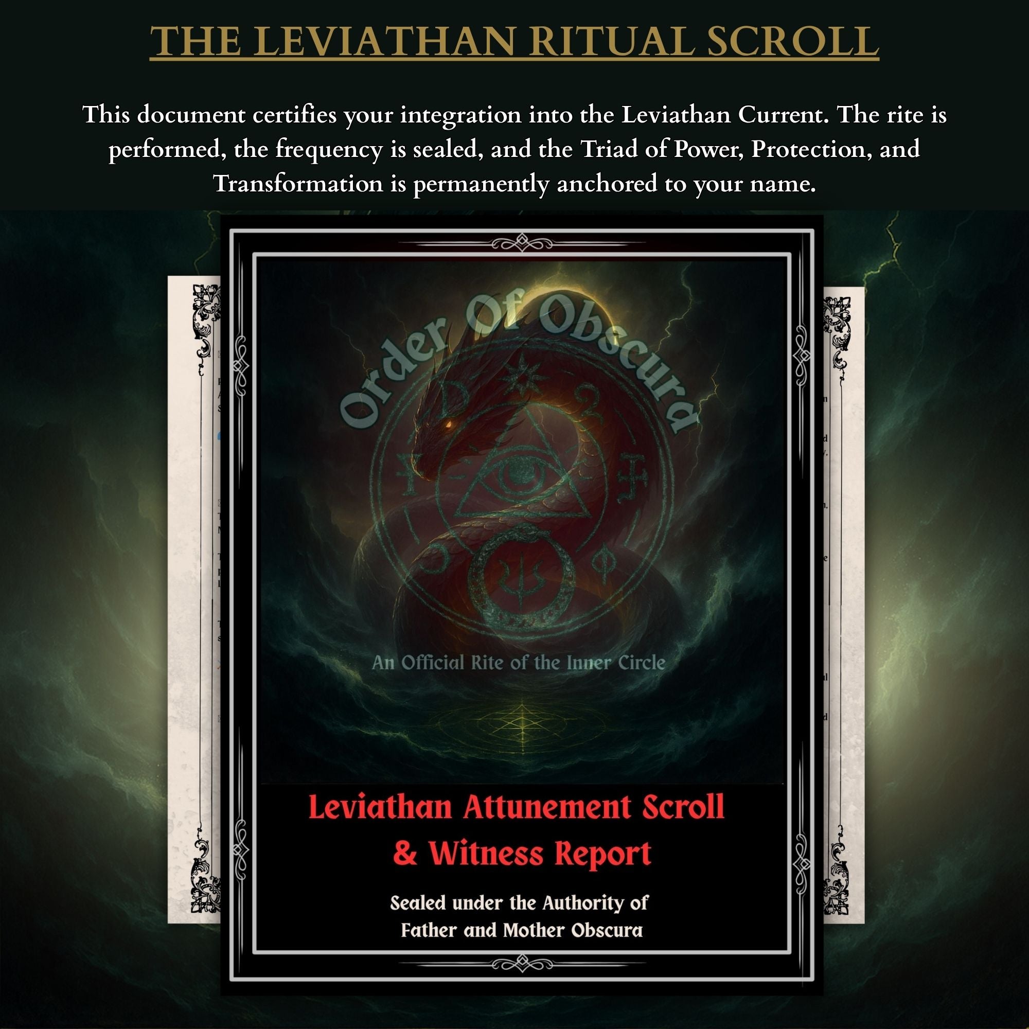 Personalized ceremonial decree scroll confirming the completion of the Leviathan demon ritual and current alignment.