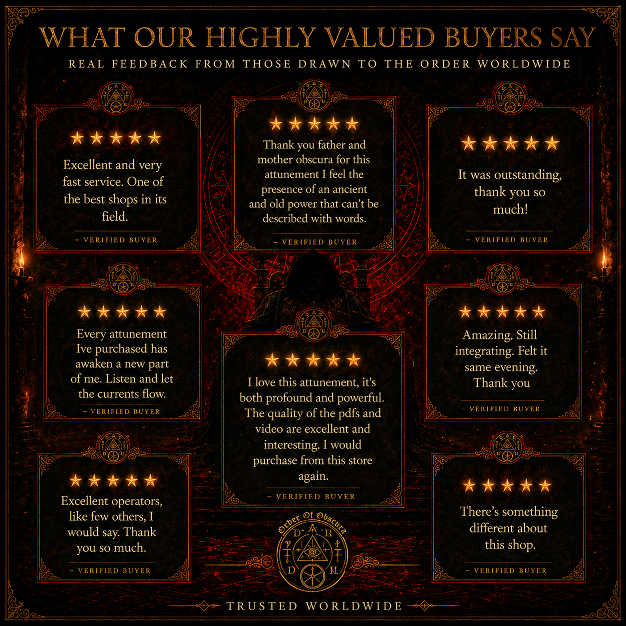 Customer reviews for The Order of Obscura showing buyer feedback for the vampire spirit companion services.