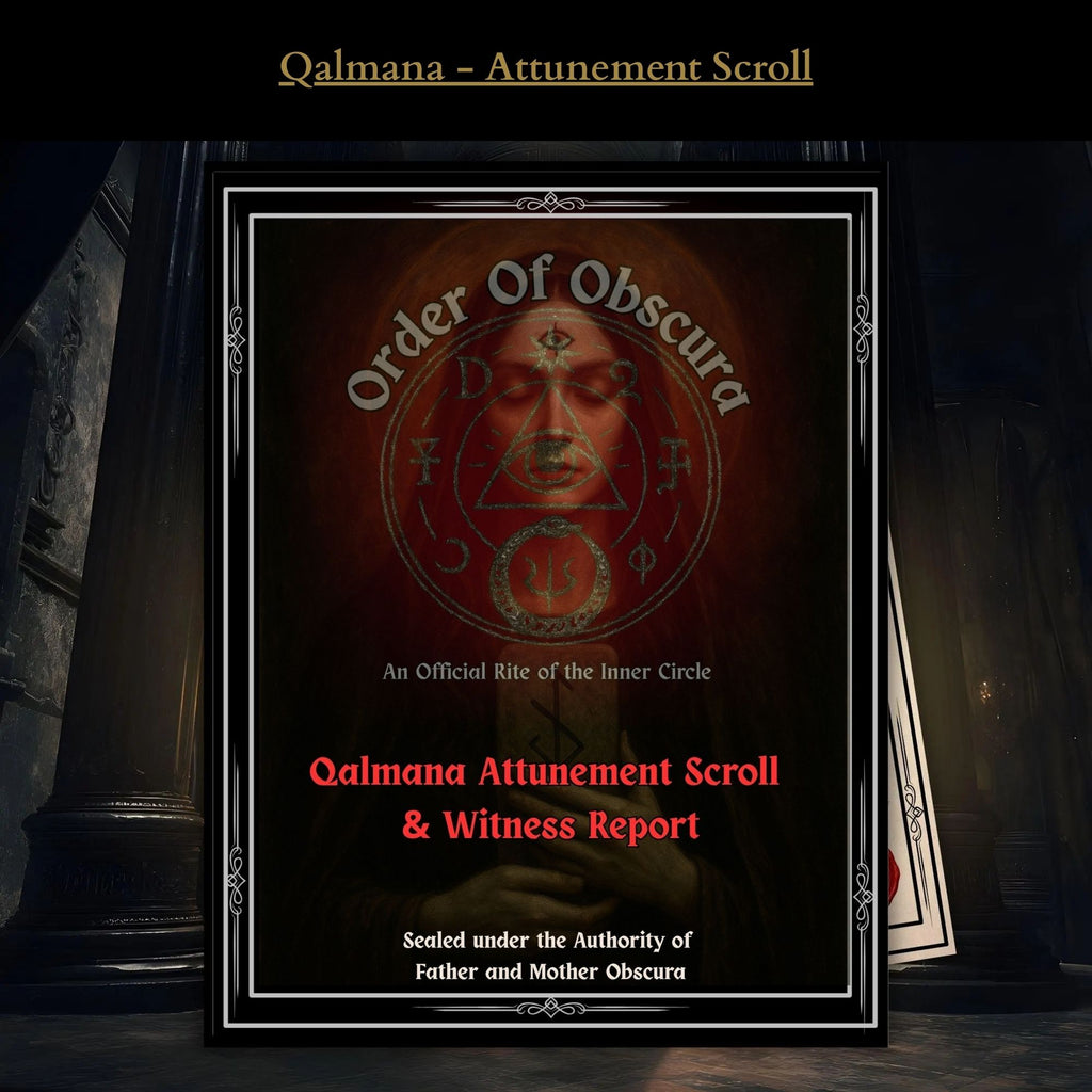 Qalmana occult attunement by The Order of Obscura for dark feminine presence, boundary strength, demonic authority, and personal command.