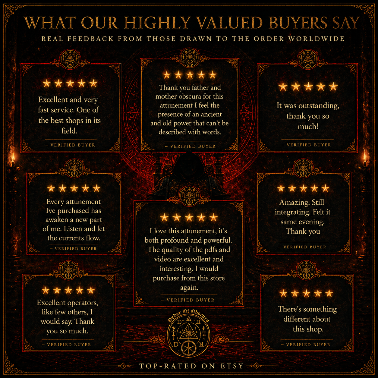 Customer reviews for The Order of Obscura, including feedback on Samael and Lilith Demon Attunement, demon ritual services, spirit merging, distance attunement, and Left Hand Path occult work.