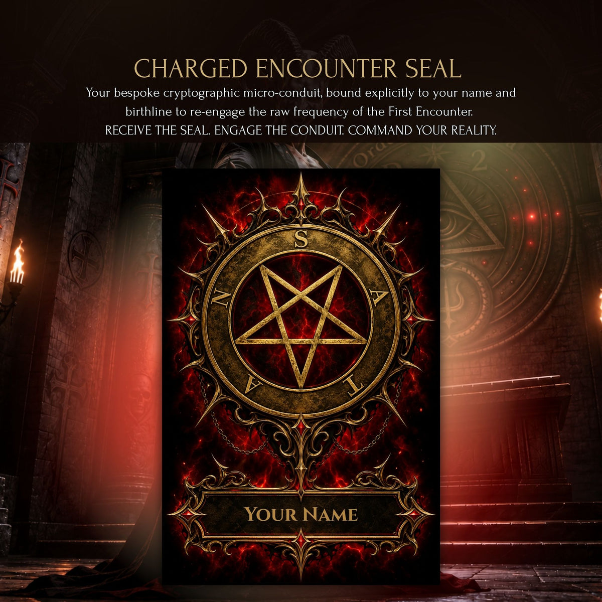 Personalized Satan sigil and cryptographic seal card featuring gold and crimson inverted pentagram geometry bound to the participant's name for Satanic ritual focus.