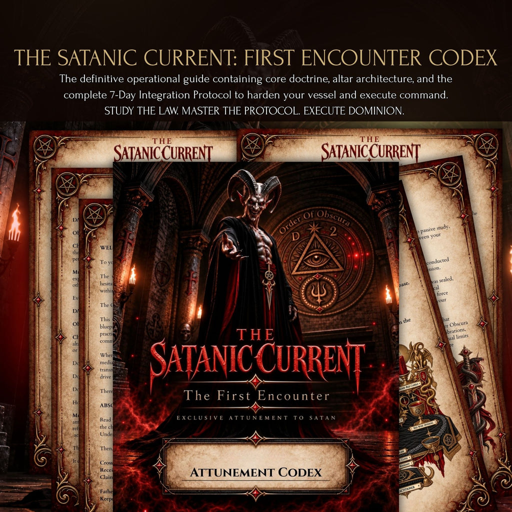 Digital card preview of the First Encounter Codex PDF grimoire containing altar layout architecture and the 7-Day Satanic ritual integration protocol.