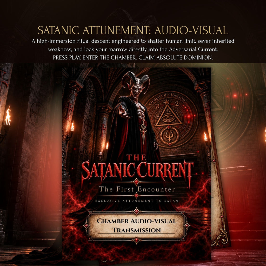 Digital card preview for The Satanic Current Chamber Audio-Visual Transmission, a high-immersion Satanic ritual audio descent engineered by Father Obscura.