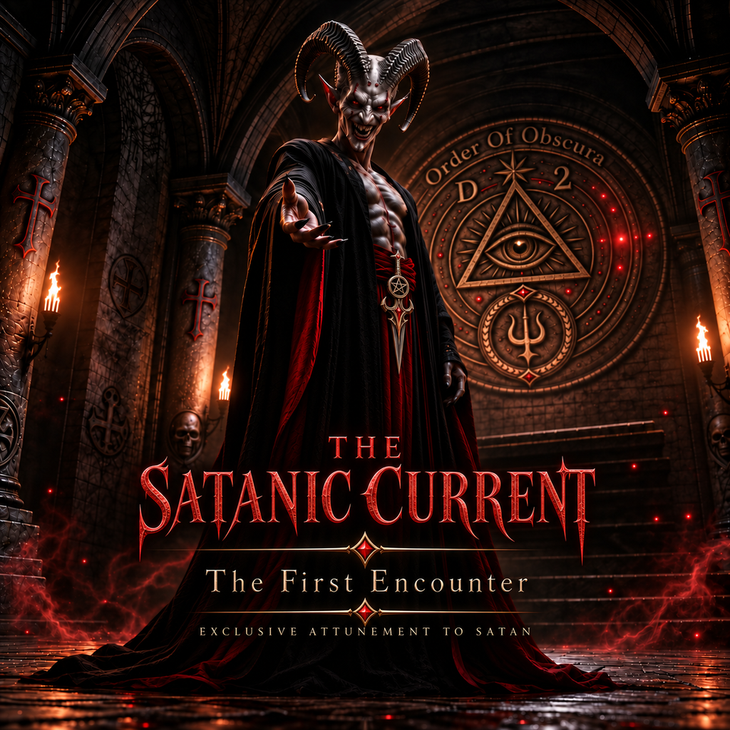 Horned entity representation of Satan standing in a candlelit stone chamber before the Order of Obscura ceremonial seal for a personalized Satanic ritual and Satan attunement working.