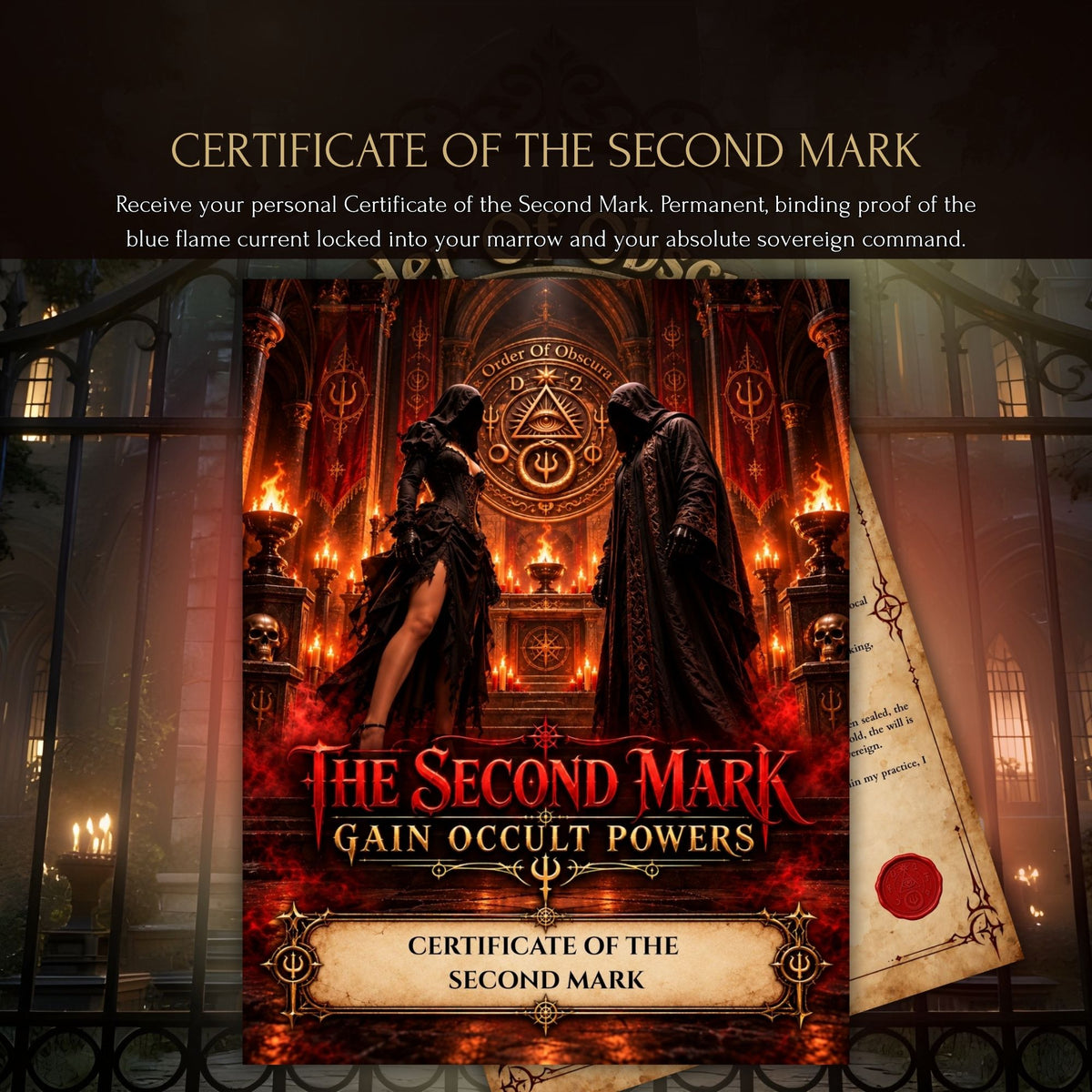 Certificate of the Second Mark from Order of Obscura, personalized occult initiation record with ritual faculties and sovereign practice authority.